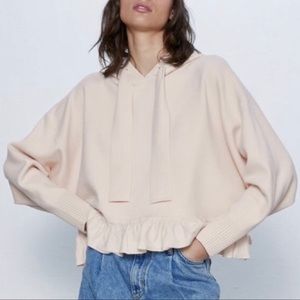 ZARA Cream Knit Hoodie with Ruffle Hem.